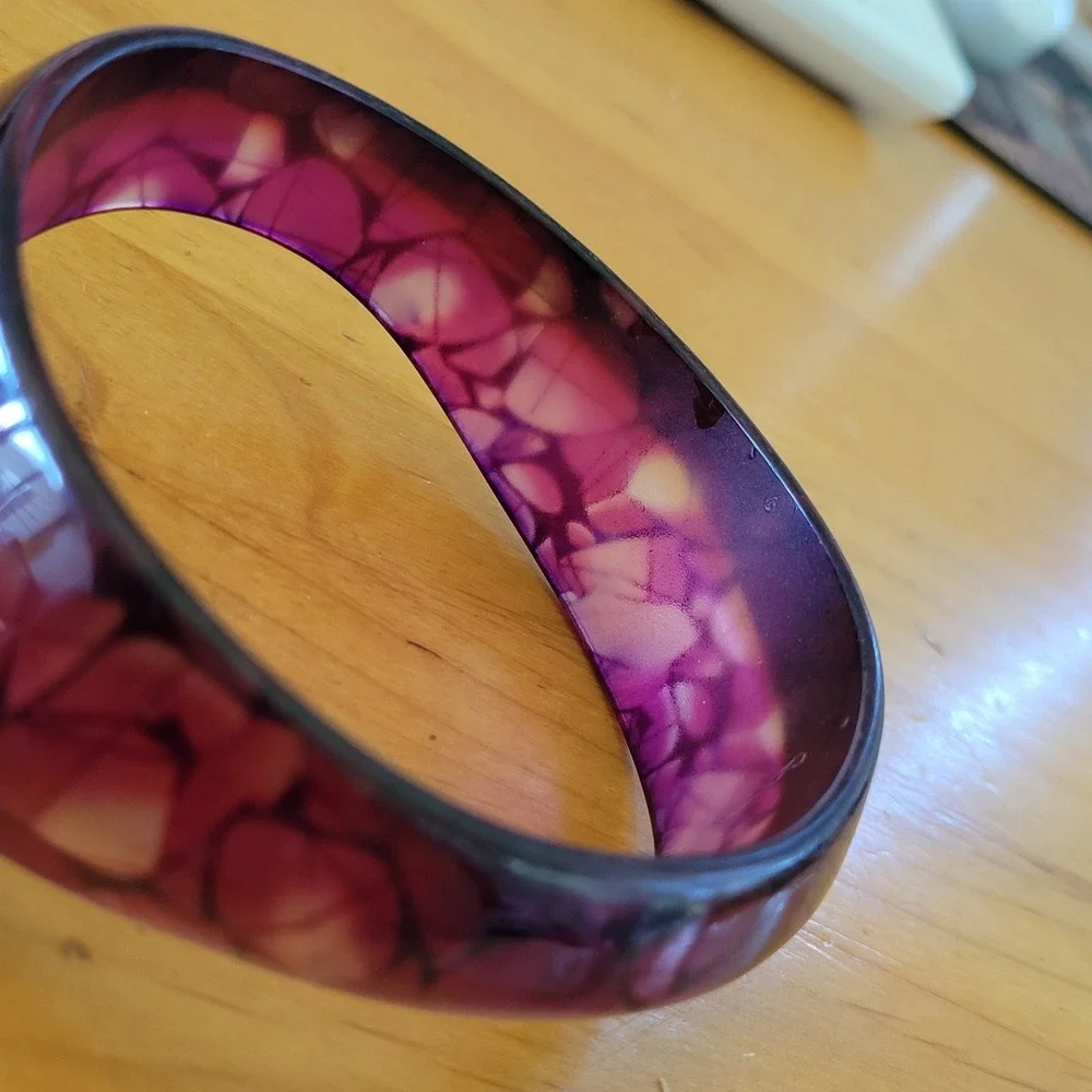 Purple Resin Bangle Bracelet Shell Mosaic Inlay Wide Domed 2.5 Inch